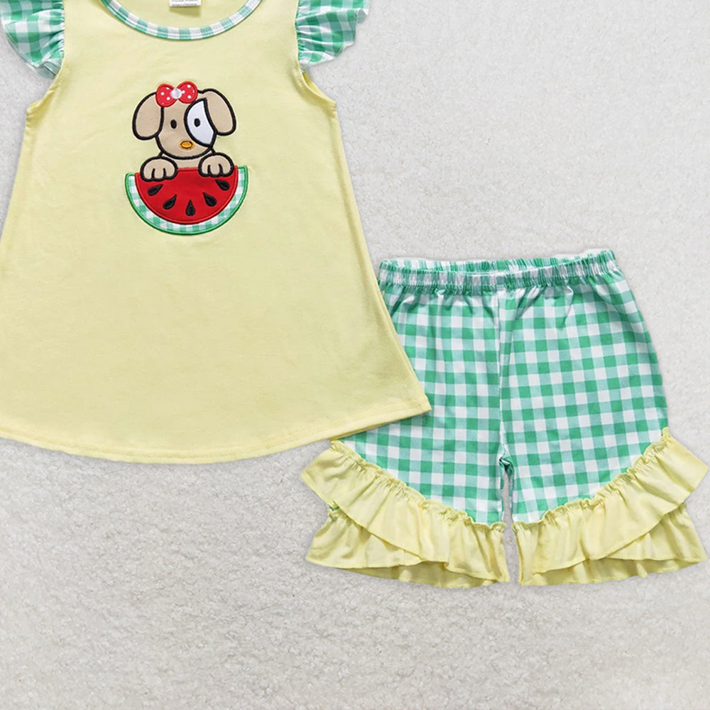 GSSO0483RTS NO MOQ Baby Girls Summer Outfits Dog watermelon top plaid shorts girls summer clothes