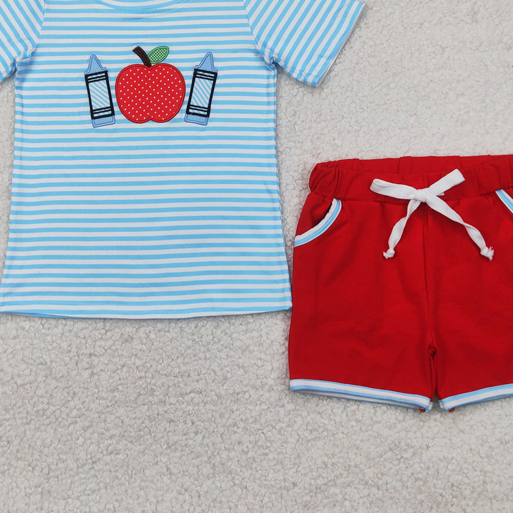 BSSO1328 RTS NO MOQ Baby Boys Summer Boys Outfits Stripe apple crayon top shorts boys back to school clothes