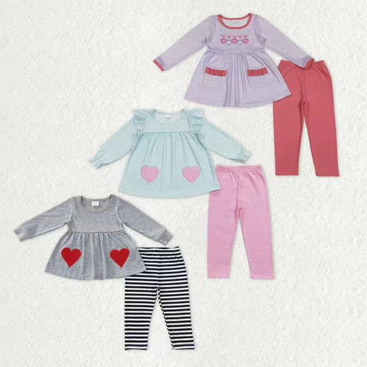 11.24 RTS Sibling Baby Girls Embroidery Hearts Pockets Stripe Tunic Legging Pants Valentines Clothes Sets