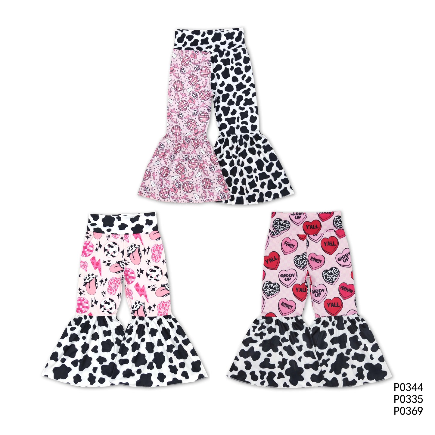 P0344 P0335 P0369 Pink Valentine's Day patchwork black and white cow pattern flared pants