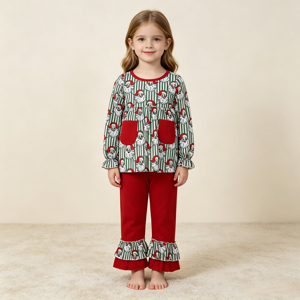 RTS NO MOQ （In stock）milk silk GLP3454 Baby Girls Green Stripe Santa Pockets Tunic Ruffle Pant Christmas Clothes Set