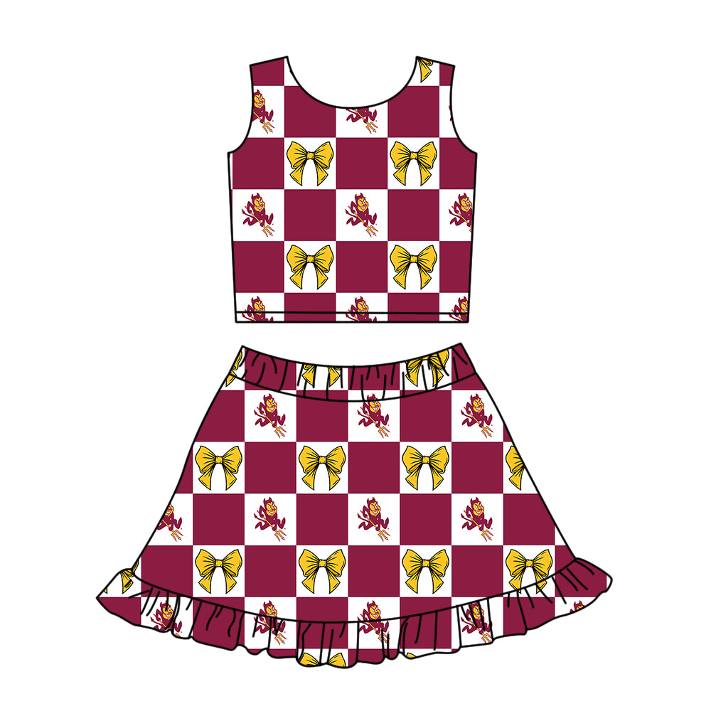 CUSTOM MOQ 5 Sibing Kids Clothing for Girls Baby Girls Dark Red Bow Top Skirts Yoga Active Team Clothes Sets Knee Length Dress Shorts
