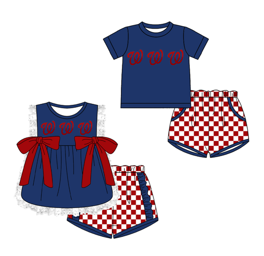 CUSTOM MOQ 5 Cute Comfortable Clothing For Kids Sibling Boys Baby Girls Summer Blue Bow Top Checked Shorts Team Clothes Sets