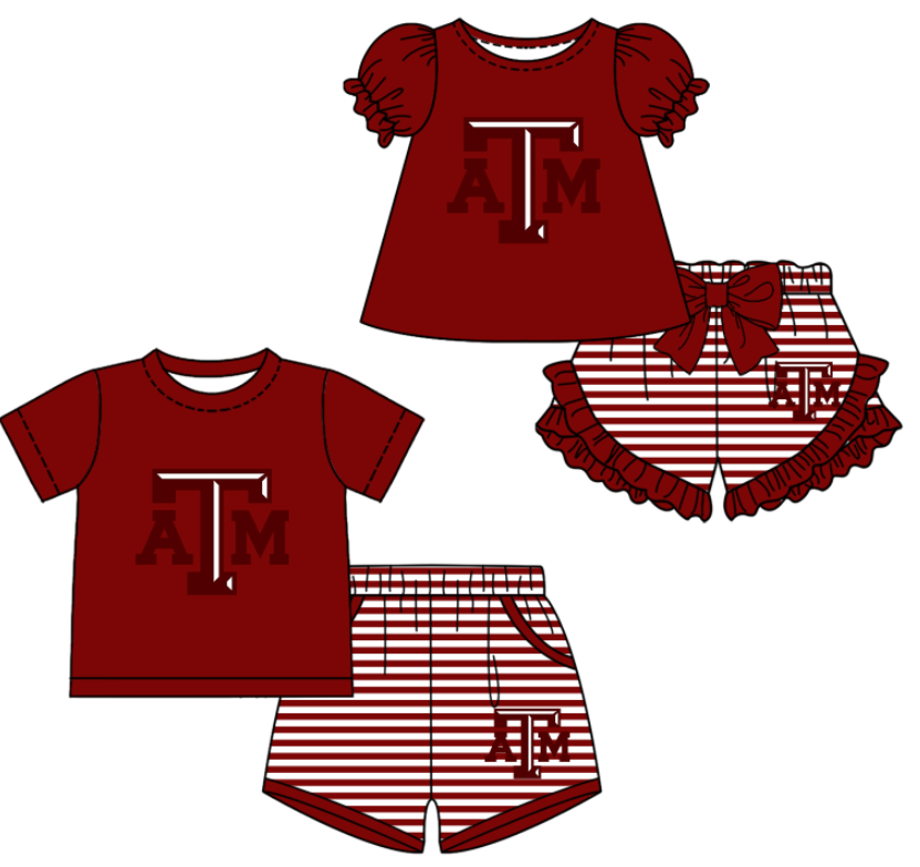 CUSTOM MOQ 5 Sibling Boys Baby Girls Red T Top Stripe Shorts Clothes Sets