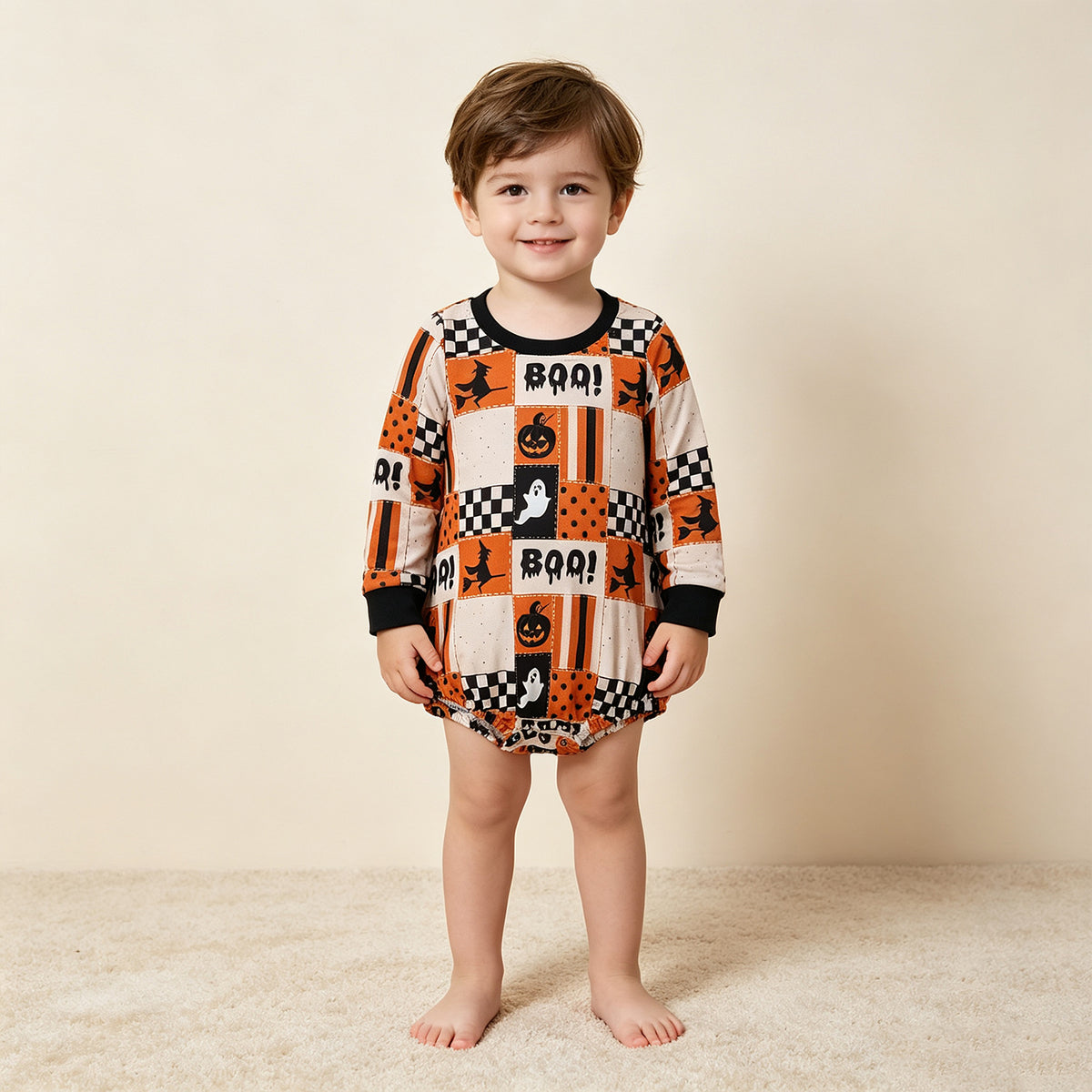 RTS NO MOQ （In stock）milk silk LR3239 Baby Boys Long Sleeve Ghost Pumpkins Print Halloween Romper