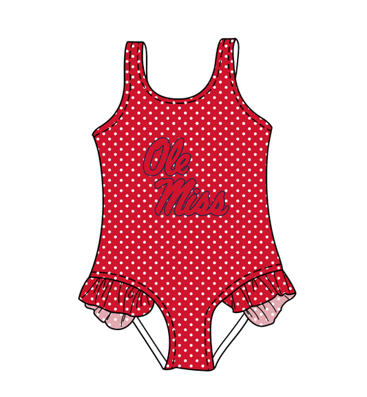 CUSTOM MOQ 5 Cute Comfortable Clothing For Kids Baby Girls Red Polka Dots Ruffle Team One Piece Swimsuits