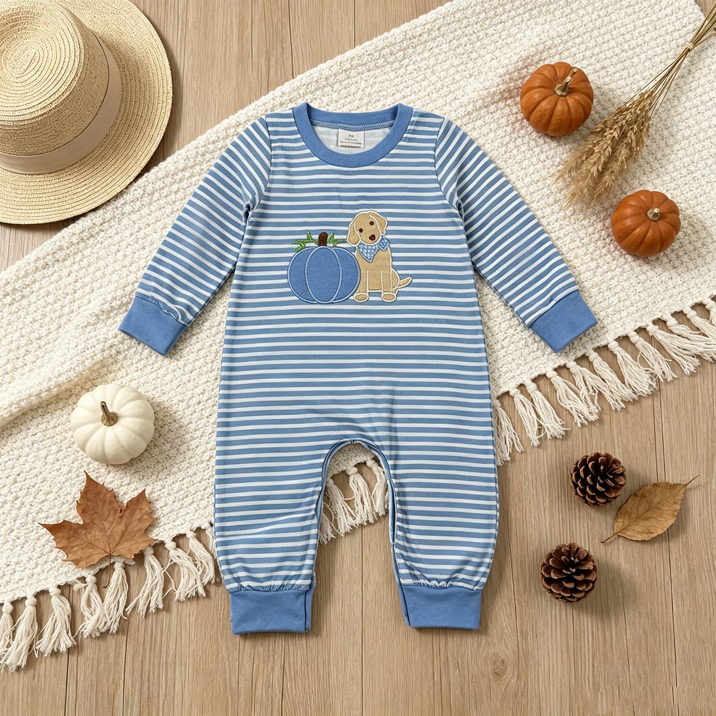 RTS NO MOQ （In stock）milk silk LR3141 Embroidery Pumpkins Dogs Baby Boys Blue Stripe Fall Pant Rompers