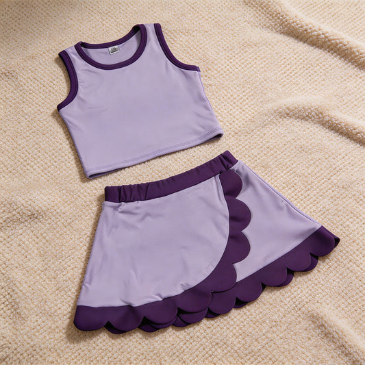 GSD4026 RTS NO MOQ （In stock）Baby Girls Sleeveless Purple Vest Scallop Skirt Short Yoga Active Clothes