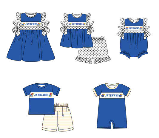 CUSTOM MOQ 5 Sibling Baby Kids Blue Polka Dots Top Shorts Clothes Set Knee Length Dress Rompers