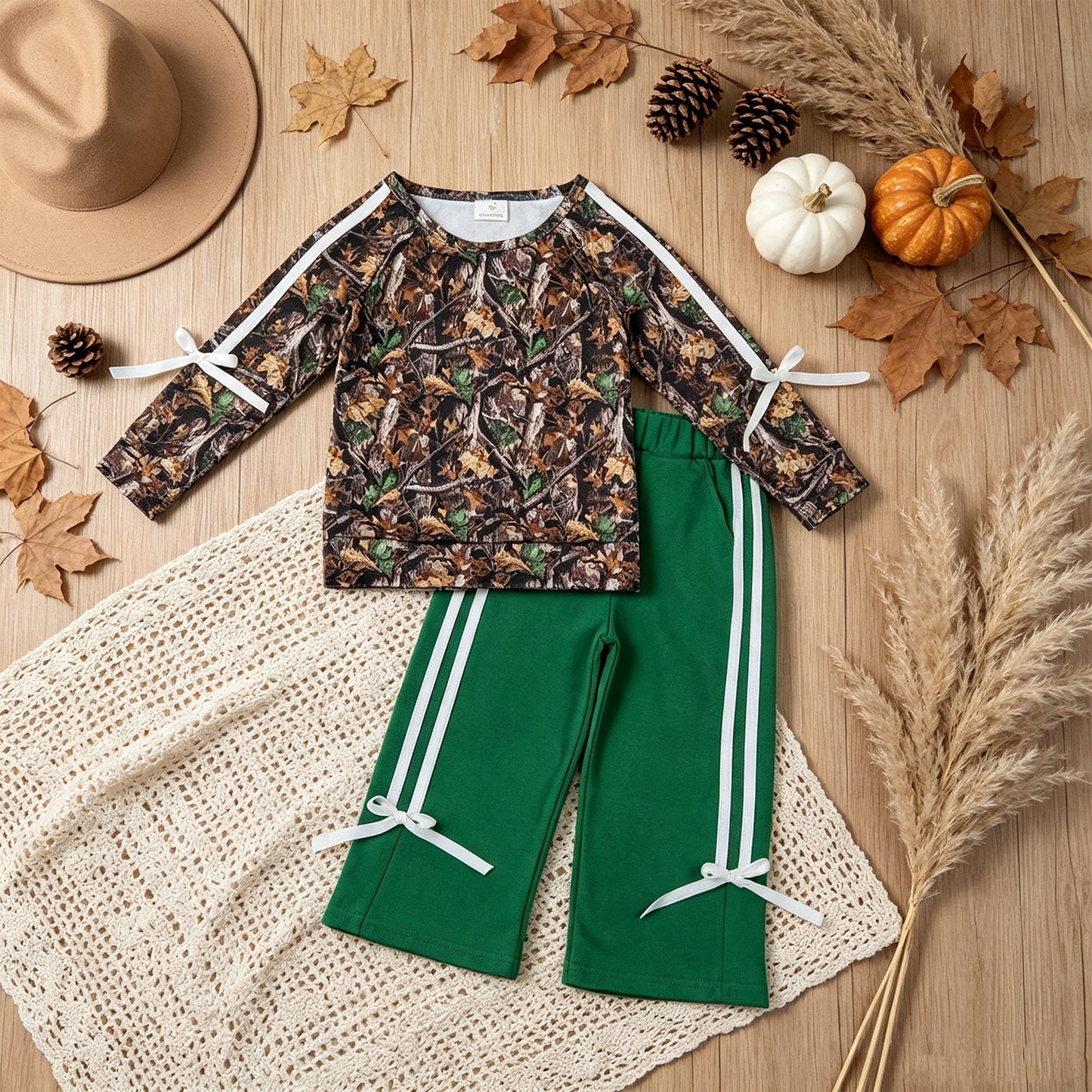 GLP3358 RTS NO MOQ （In stock）milk silk Baby Girls Long Sleeve Leaves Camo Top Pockets Bows Pant Clothes Sets