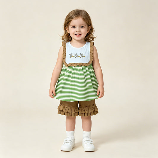 GSSO3432 RTS NO MOQ （In stock ）Duck embroidery stripe tunic brown shorts girls outfits
