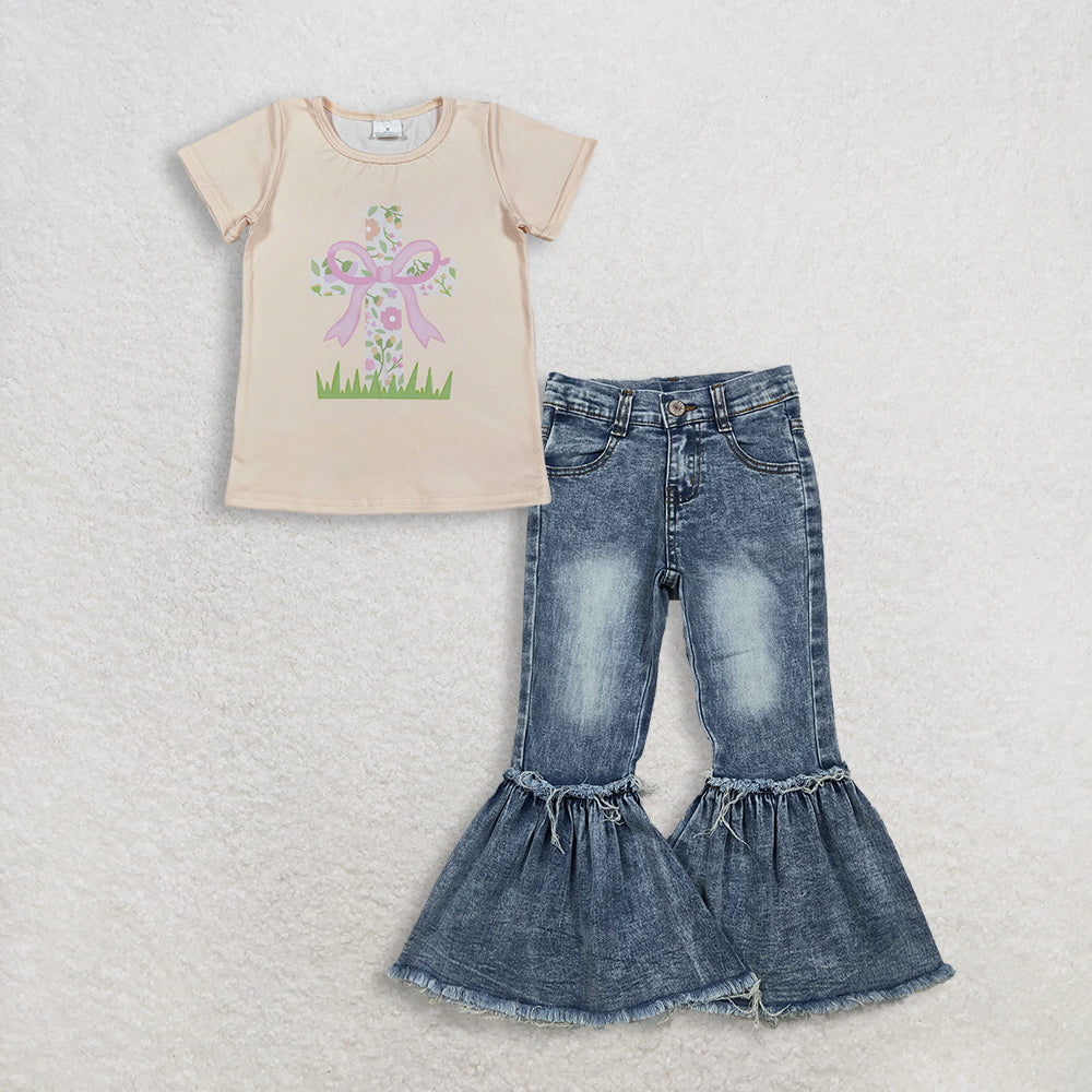 3.6 RTS NO MOQ （In stock）GT1397 + P0676 Baby Girls Short Sleeve Flowers Cross Easter T-shirts Top Denim Pants Jeans Clothes Sets