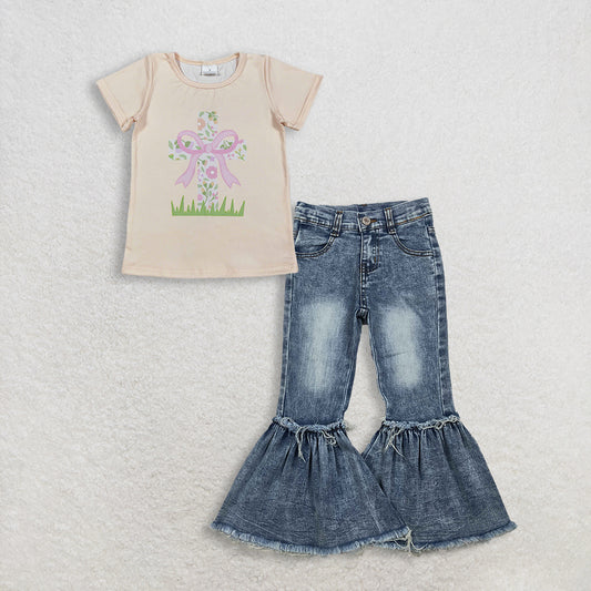 3.6 RTS NO MOQ （In stock）GT1397 + P0676 Baby Girls Short Sleeve Flowers Cross Easter T-shirts Top Denim Pants Jeans Clothes Sets