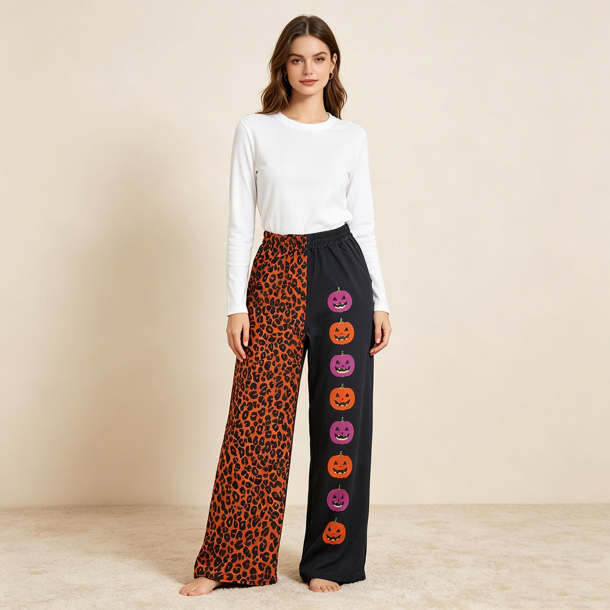 RTS NO MOQ （In stock）milk silk P1132 Adult Women Ghost Pumpkins Leopard Halloween Pockets Flare Pants Bottom