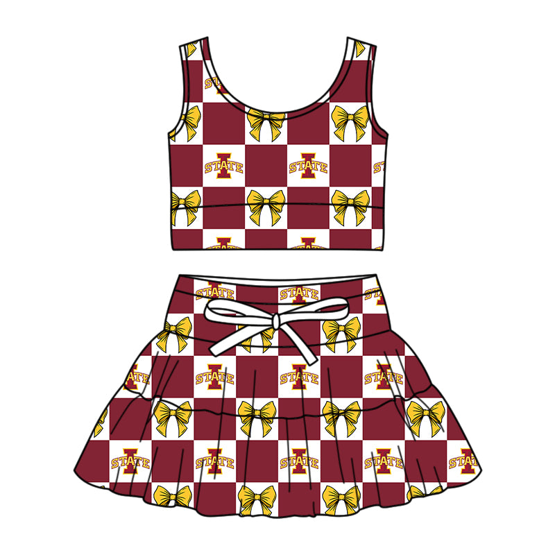 CUSTOM MOQ 5 Sibing Kids Clothing for Girls Baby Girls Dark Red I Bow Top Skirts Yoga Active Team Clothes Sets Knee Length Dress Shorts