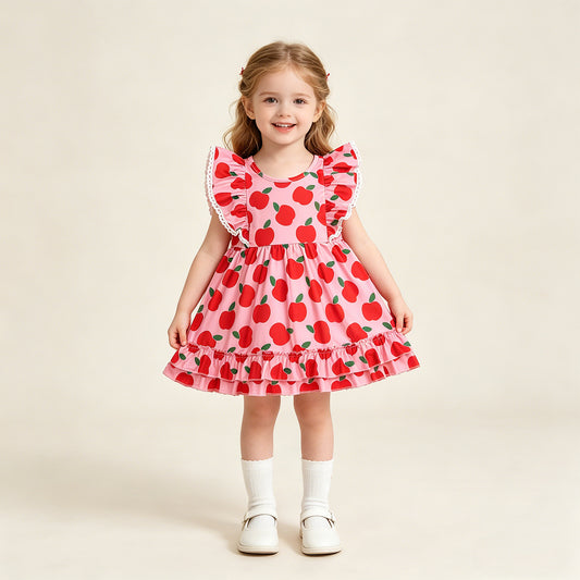 GSD3510 RTS NO MOQ （In stock ）Flutter sleeves apple ruffle kids girls back to school dress