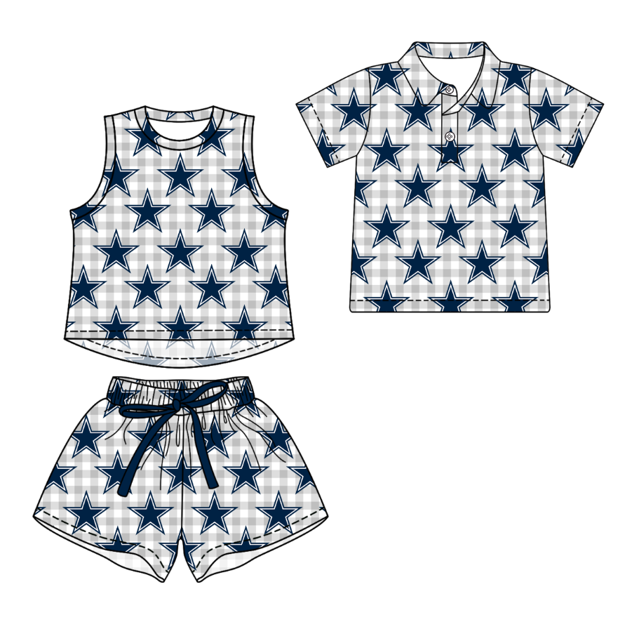 3.16 CUSTOM MOQ 5 Sibling Boys Baby Girls Summer Fashion Gray Check Blue Sleeveless Top Shorts Button Polo Shirts Team Clothes Sets