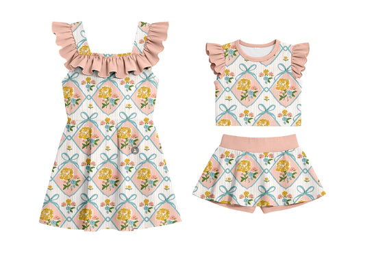 CUSTOM MOQ 5 Sibling Baby Girls Sleeveless Pink Flowers Shorts Set Knee Length Dresses