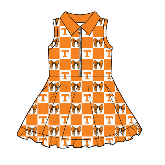 CUSTOM MOQ 5 Kids Clothing for Girls Baby Girls Orange T Bow Yoga Active Shorts Team Knee Length Dresses