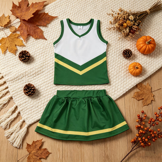 RTS NO MOQ （In stock）GSD4238 Yoga Baby Girls Green Yellow Vest Top Matching Skort Two Piece Yoga Active Team Clothes Set