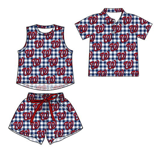 3.14 CUSTOM MOQ 5 Sibling Boys Baby Girls Summer Fashion Blue Check Sleeveless Top Shorts Button Polo Shirts Team Clothes Sets