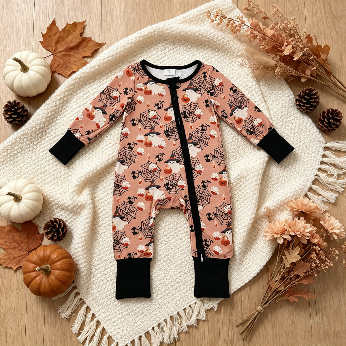 RTS NO MOQ （In stock）LR3250 Baby Boys Ghost Pumpkins Halloween Two Way Zip Convertible Rompers