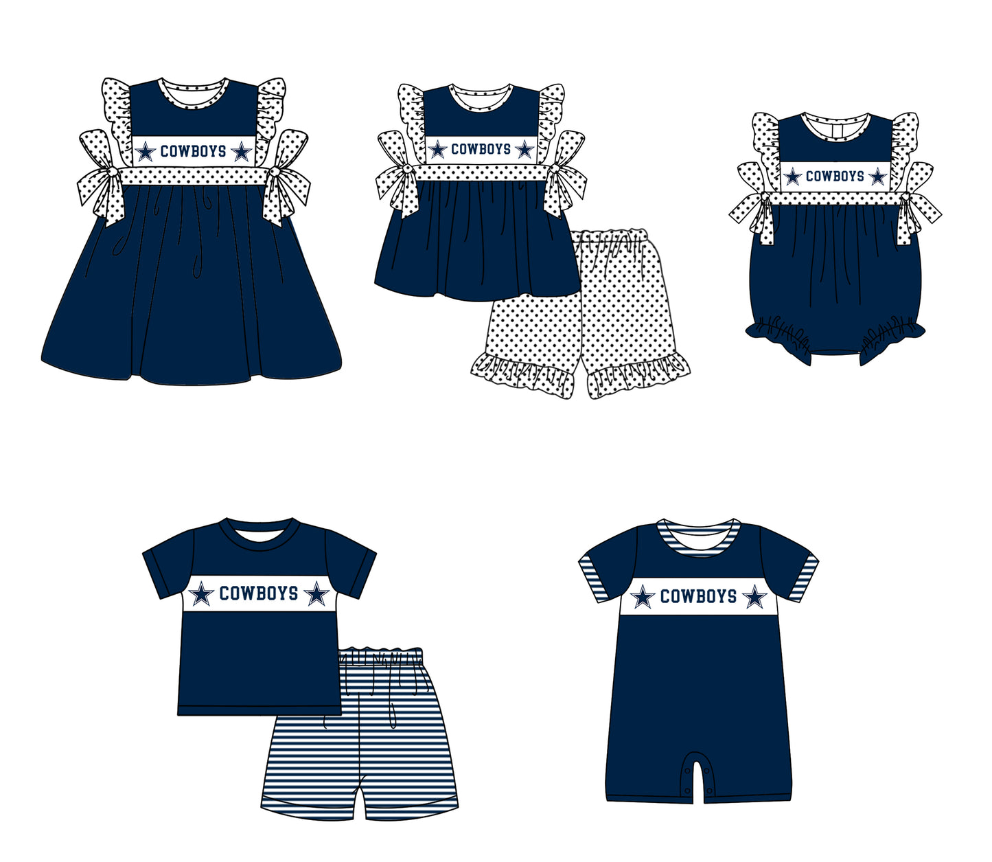 CUSTOM MOQ 5 Sibling Baby Kids Dark Blue Star Top Shorts Clothes Set Knee Length Dress Rompers