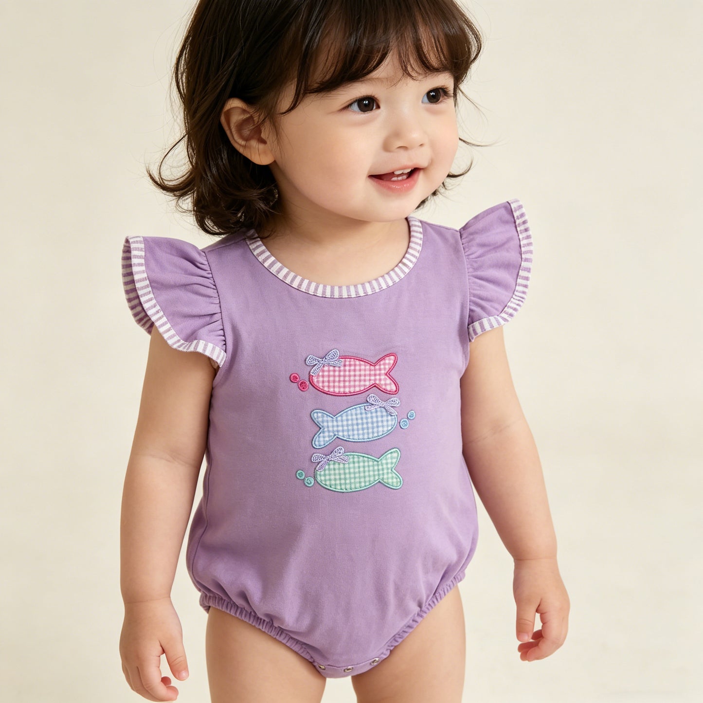 4.13 SR4006 RTS NO MOQ （In stock）Lavender flutter sleeves fish bow baby girl summer romper