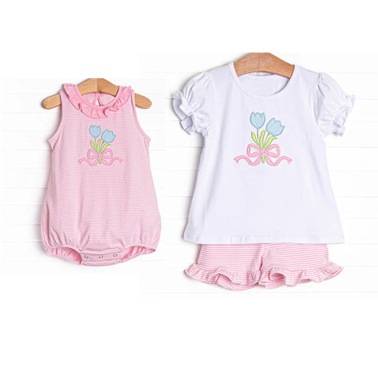 Girls White Short Sleeve Tulip Top Pink Stripe Shorts Outfit Casual Comfortable Clothing Set for Kids