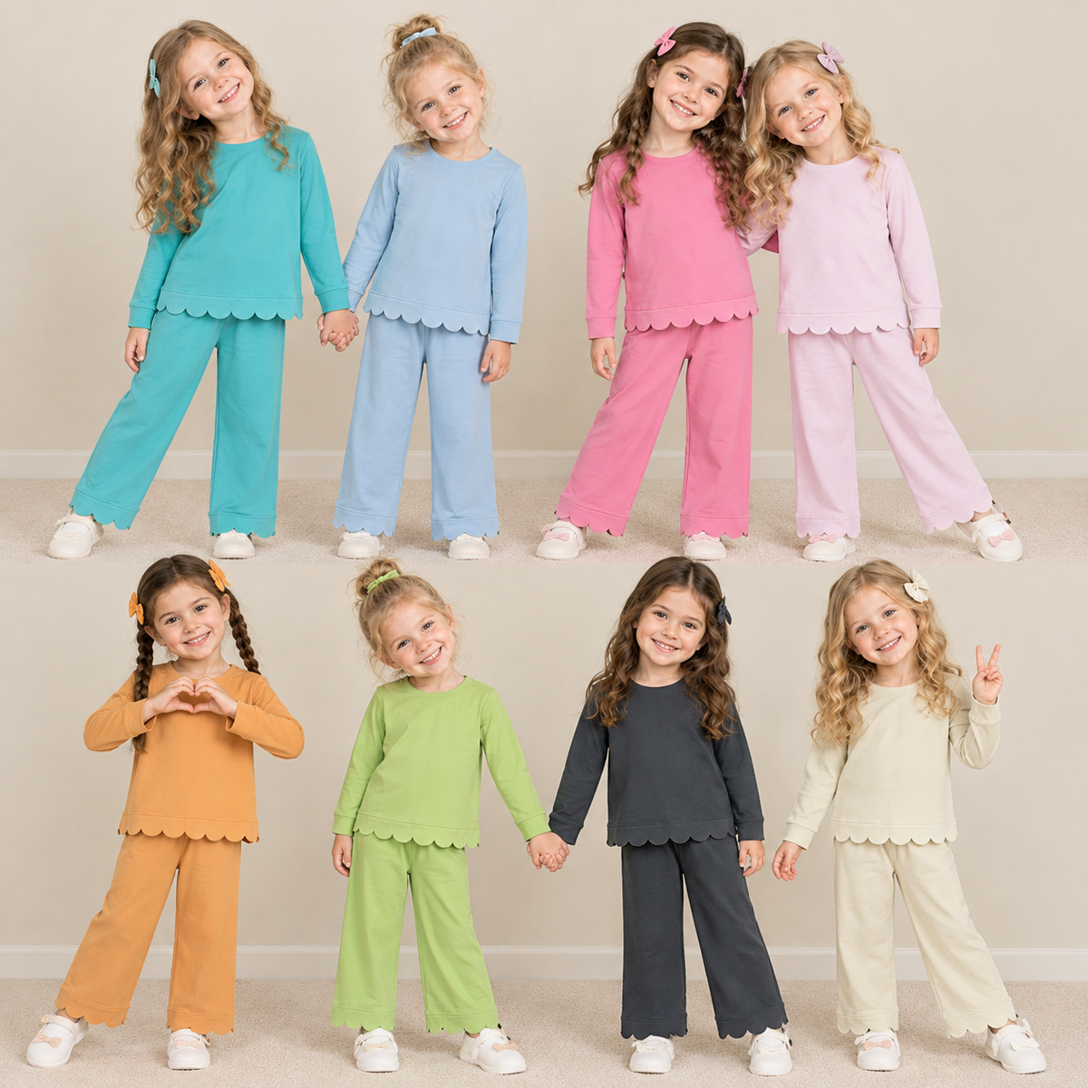 RTS NO MOQ Sibling cotton Baby Girls Solid Color Scallop Trim Long Sleeve Top And Pant Outfit Set