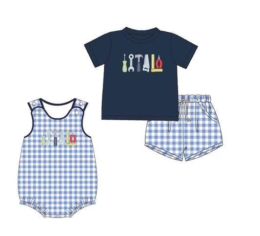 Kids Boys Plaid Shorts Set with Navy Top - Clothing Outfit for Children