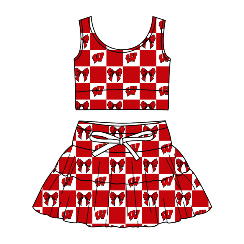 CUSTOM MOQ 5 Sibing Kids Clothing for Girls Baby Girls Red W Bow Top Skirts Yoga Active Team Clothes Sets Knee Length Dress Shorts