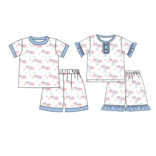 Baby Boys Short Sleeves Flags Stars Top Short 4th Of July Pajamas Set