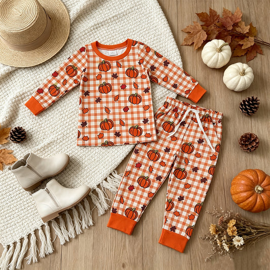 RTS NO MOQ （In stock）milk silk BLP1540（BT1929+P1198）Baby Boys Pumpkins Checked Print Top Pockets Pant Casual Set