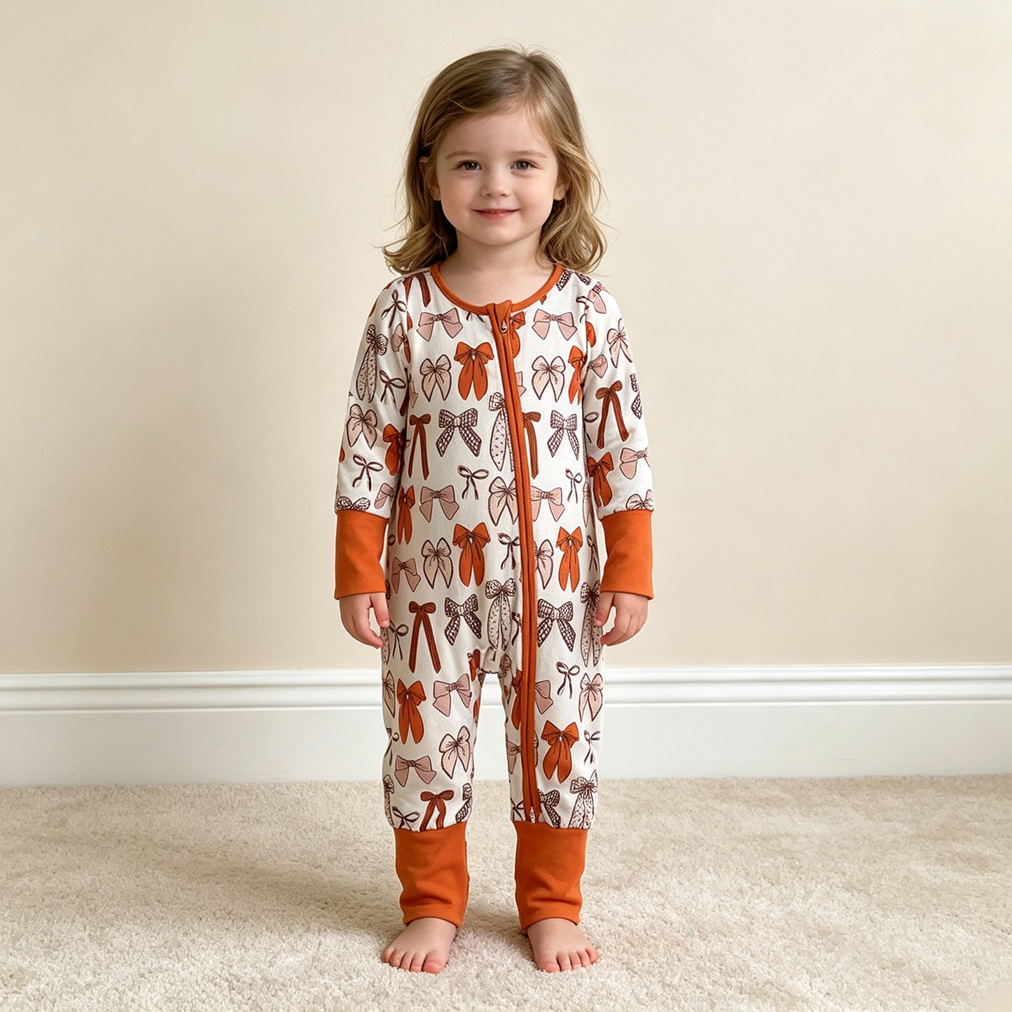 RTS NO MOQ （In stock）LR3158 Baby Girls Bows Plaid Fall Two Way Zip Convertible Rompers