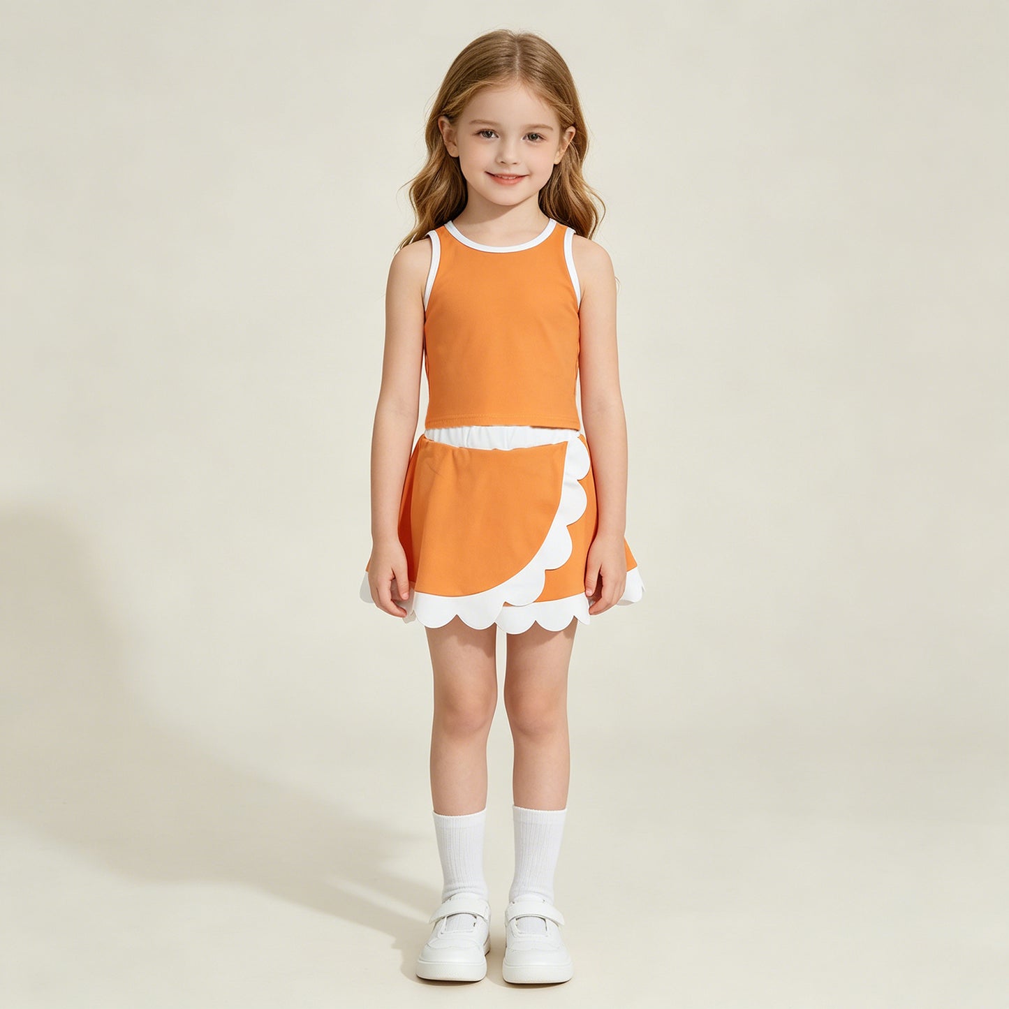 GSD4033 RTS NO MOQ （In stock） Sleeveless orange white scallop girls team active wear set