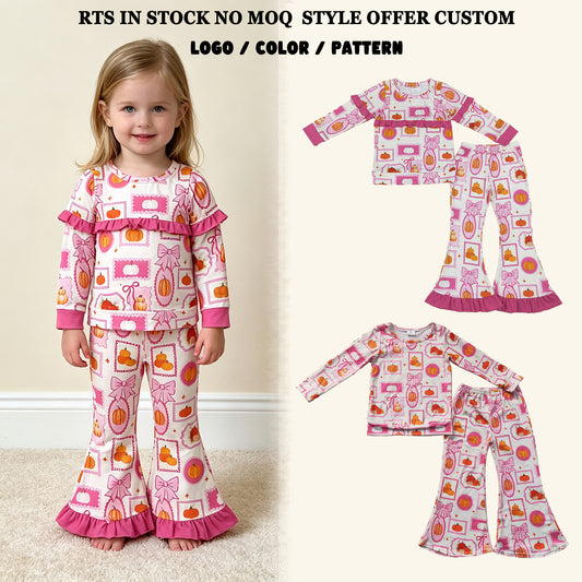RTS NO MOQ Sibling milk silk Baby Girls Bows Pumpkins Checked Top Flare Pant Fall Clothes Sets