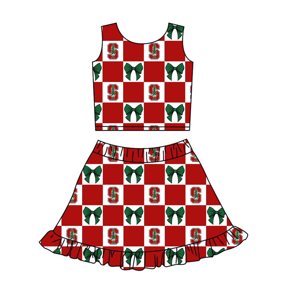 CUSTOM MOQ 5 Sibing Kids Clothing for Girls Baby Girls Red S Bow Top Skirts Yoga Active Team Clothes Sets Knee Length Dress Shorts