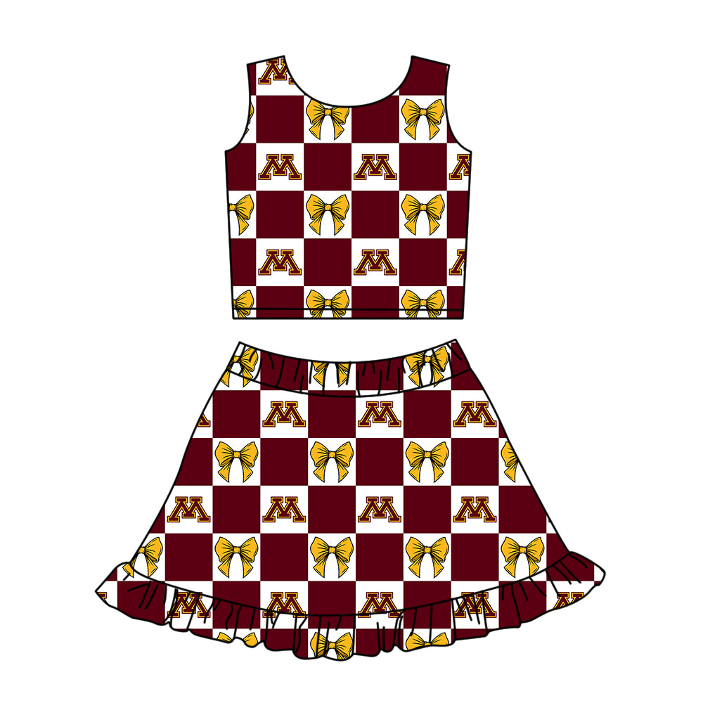 CUSTOM MOQ 5 Sibing Kids Clothing for Girls Baby Girls Dark Red M Bow Top Skirts Yoga Active Team Clothes Sets Knee Length Dress Shorts