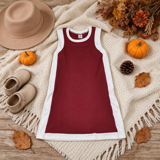 RTS NO MOQ （In stock）GSD4257 yoga fabric Baby Girls Sleeveless White Maroon Yoga Active Knee Length Dresses