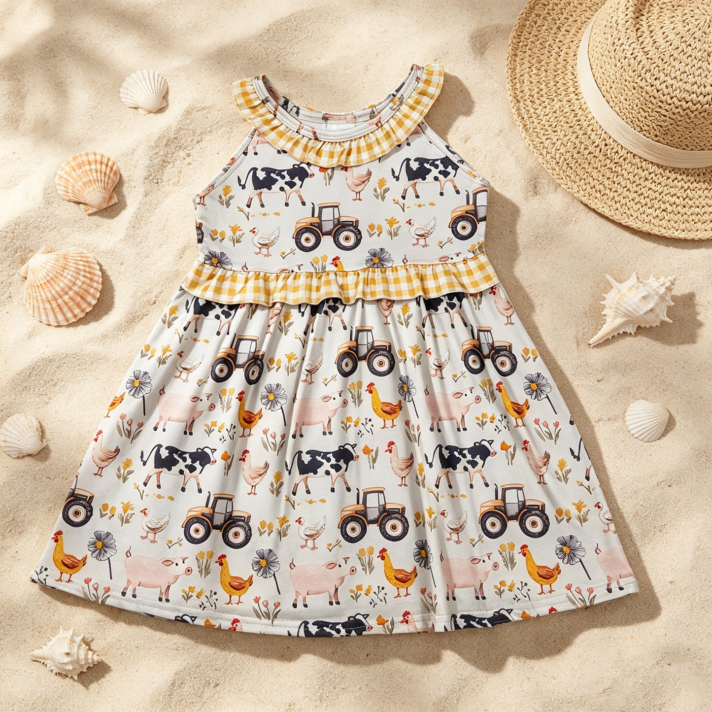 GSD3476 RTS NO MOQ （In stock ）Yellow plaid ruffle farm kids girls summer dresses