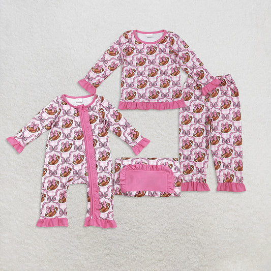 RTS Sibling Baby Girls Winter Outfits Pink Bows Footballs Top Pant Team Pajamas Set rompers