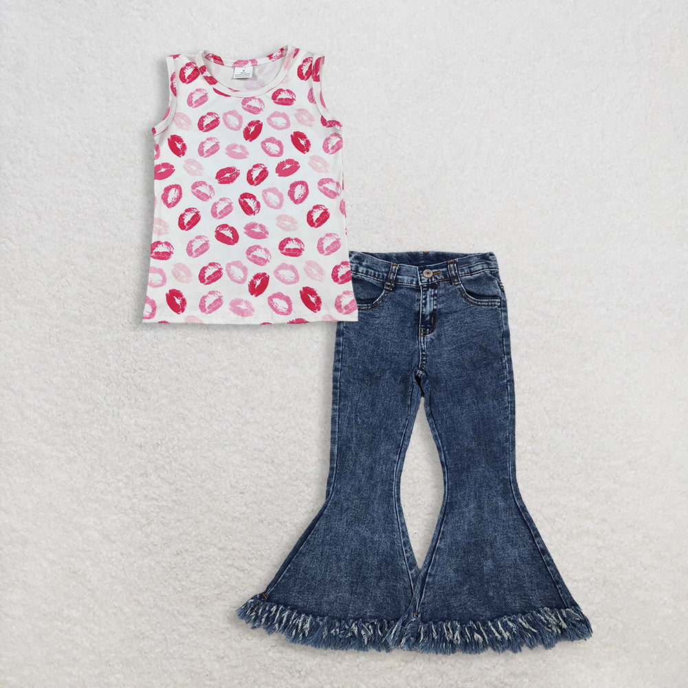 3.2 RTS NO MOQ （In stock）GT1419 + P0132 Baby Girls Summer Red Sleeveless Shirt Denim Jeans Pants Clothes Sets