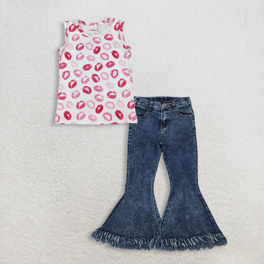 3.2 RTS NO MOQ （In stock）GT1419 + P0132 Baby Girls Summer Red Sleeveless Shirt Denim Jeans Pants Clothes Sets