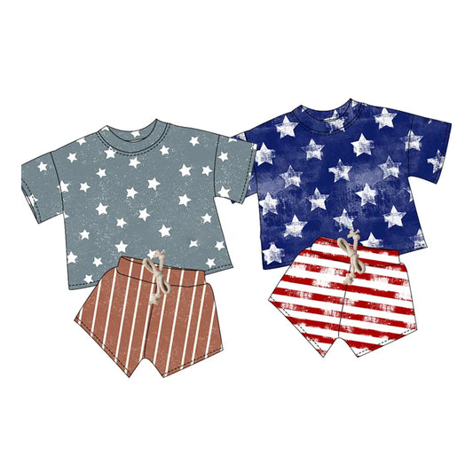 Boys 4th of July Outfits Blue Stars Top Stripe Shorts Set Patriotic USA Theme Clothing for Kids