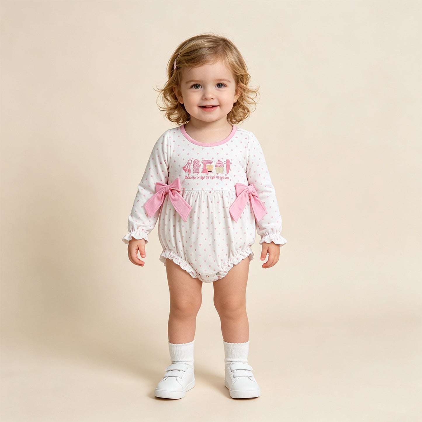 LR2947 RTS NO MOQ （In stock）Long sleeves pink polka dots cake baby girls romper