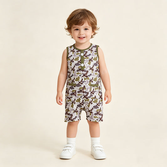 SR3946 RTS NO MOQ （In stock）Sleeveless camo duck pockets baby boy summer romper