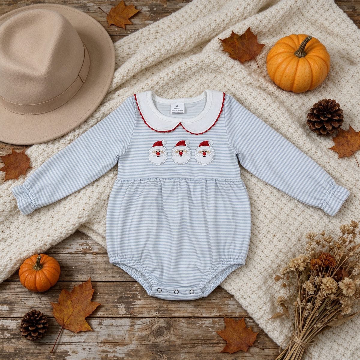 RTS NO MOQ （In stock）milk silk LR3136 Embroidery Baby Girls Christmas Blue Stripe Santa Print Long Sleeve Ruffle Trim Rompers