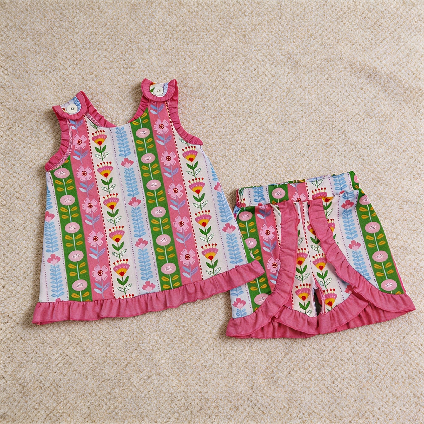 GSSO3676 RTS NO MOQ （In stock）Baby Girls Sleeveless Colorful Flowers Stripe Tunic Ruffle Short Clothes Set