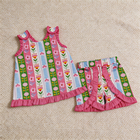 GSSO3676 RTS NO MOQ （In stock）Baby Girls Sleeveless Colorful Flowers Stripe Tunic Ruffle Short Clothes Set